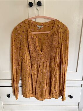 Lucky Brand Mustard Yellow Floral Smocked Peasant Blouse